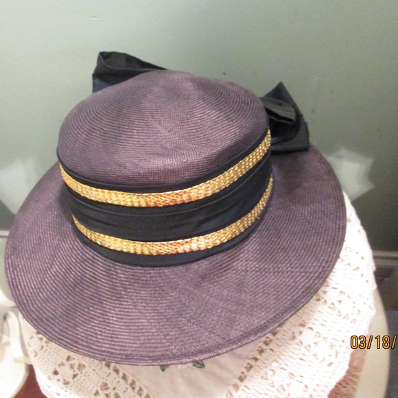 Eric Javits Black Straw Hat Gold Trim Bow Back